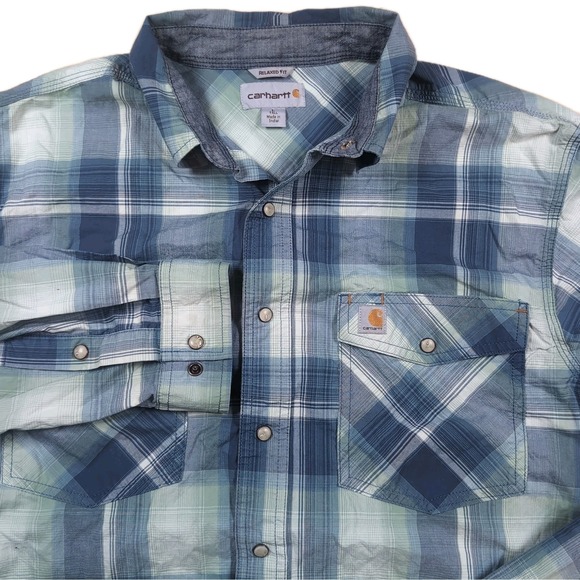 Carhartt Other - Carhartt Pearl Snap Shirt Mens Tall L 104443 DBL Long Sleeve Relaxed-Fit Plaid